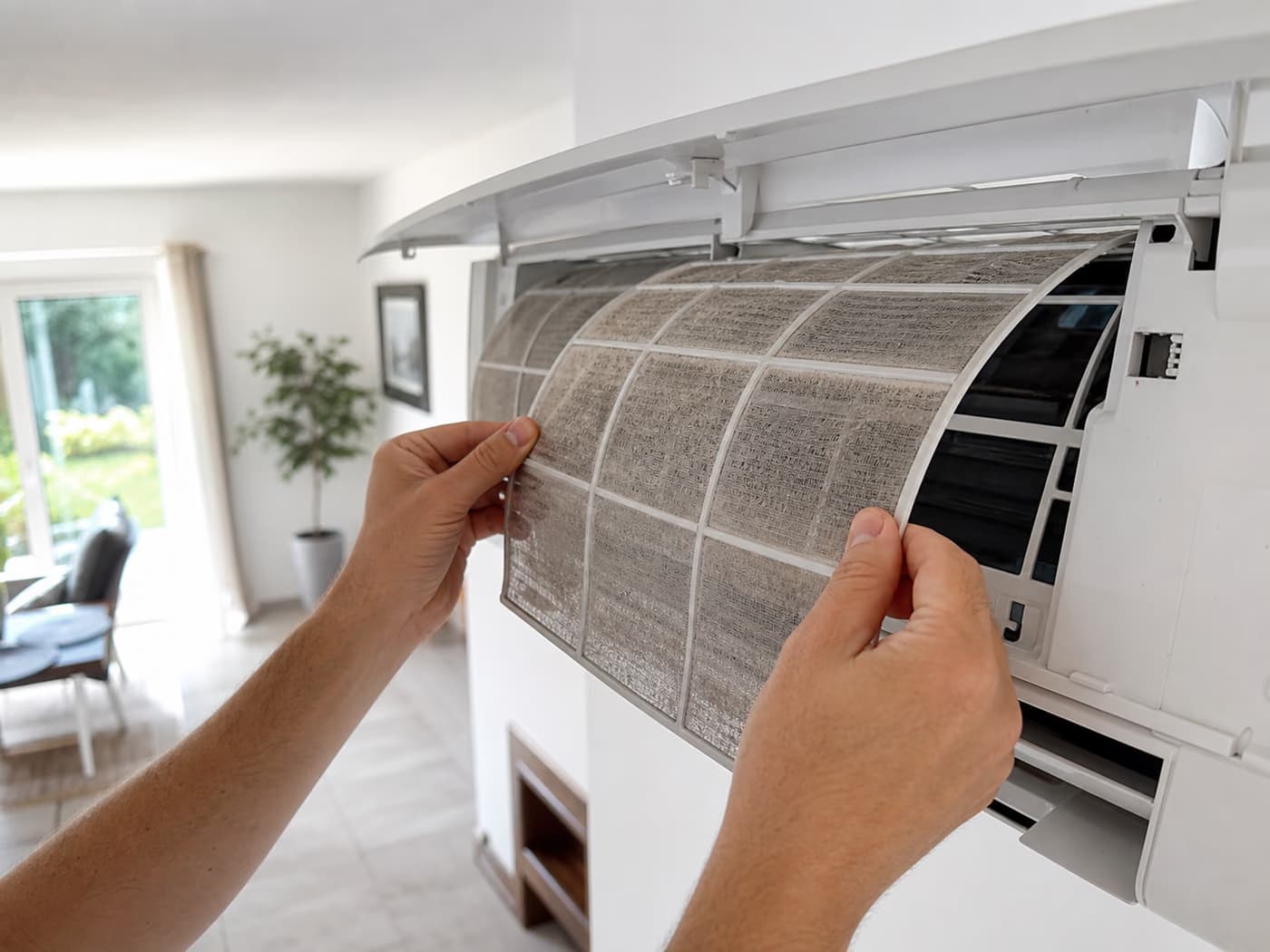 Nettoyage du filtre encrassé d'une climatisation murale avant l'été